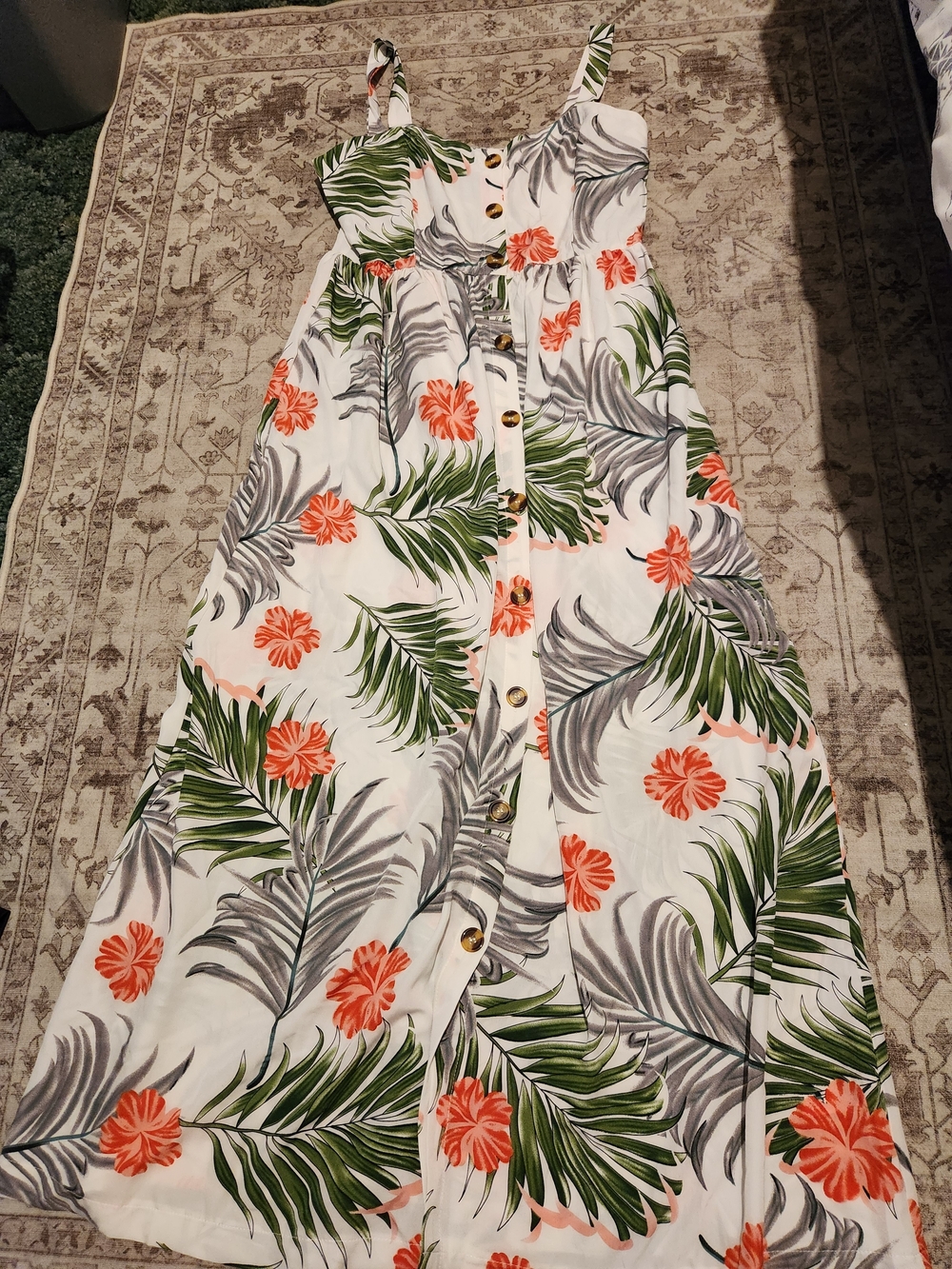 SHEIN White Tropical Print Button-Front Maxi Dress — Orange & Green